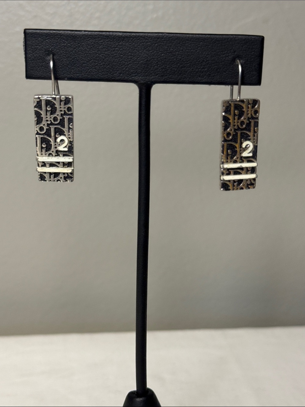 Christian Dior Oblique Trotter Logo Silver Tone Pierced Drop Earrings